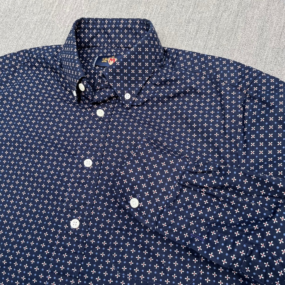 Vintage Milestone Mens M Button Up Shirt Navy Blue Geometric Micro Floral USA
